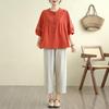 Fat Mama Plus Size Women's Ethnic Cotton Linen Button-Up Shirt - Round Neck, Loose Fit for Spring/Summer, Ideal for Middle-Aged and Elderly.