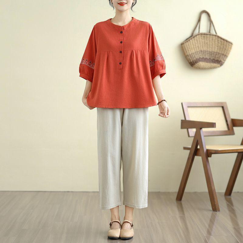 Fat Mama Plus Size Women's Ethnic Cotton Linen Button-Up Shirt - Round Neck, Loose Fit for Spring/Summer, Ideal for Middle-Aged and Elderly.
