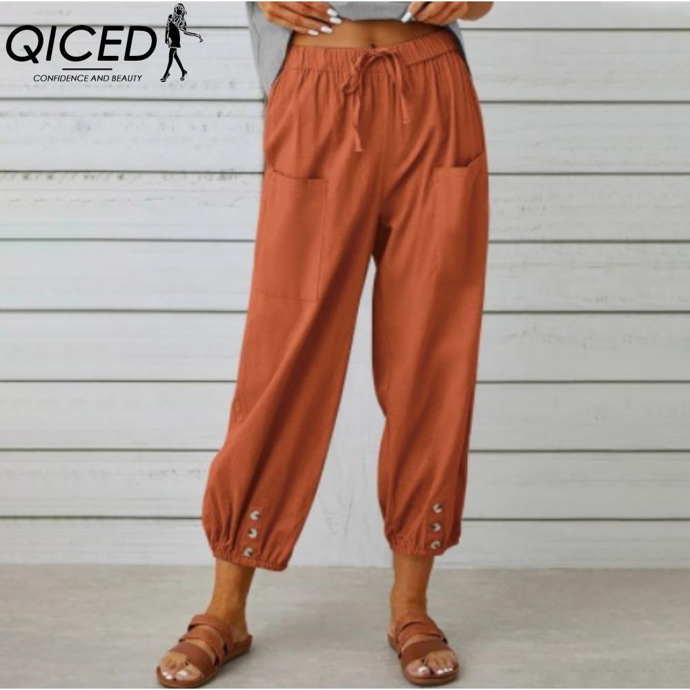 QICED 12 Color Women's Fashion Casual Solid Color Print Pants & Capris