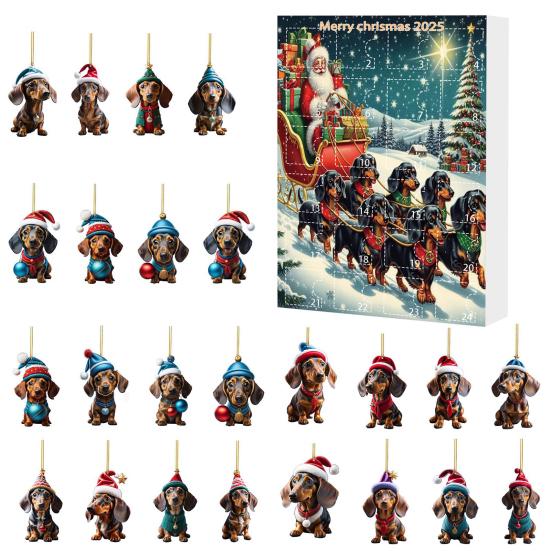 Christmas Dachshund Advent Calendar 2025 Xmas Countdown Calendar 2D Cartoon Dachshund Hanging Decorations Happy New Year Gift for Kids