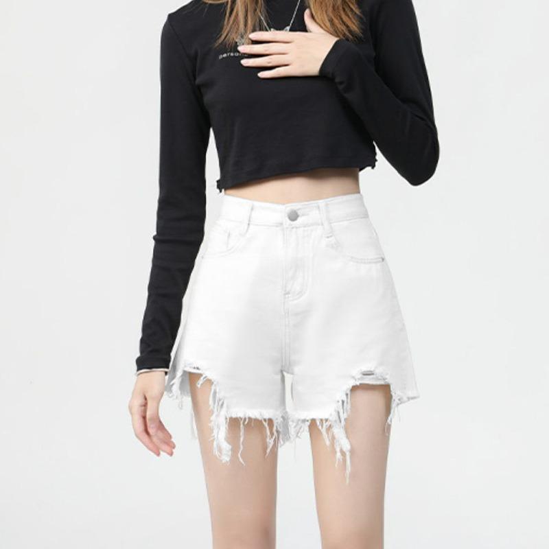 Casual Ripped and Versatile Denim Shorts for Women Fashionable High-waist Internet Celebrity Raw Edge Wide-leg Hot Pants
