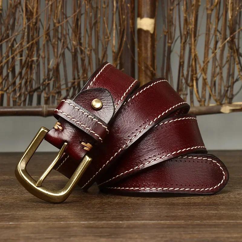 3.8CM Pure Cowhide High Quality Genuine Leather Belts for Men Korean Version Strap Male Brass Buckle Fancy Vintage Jeans Cowboy