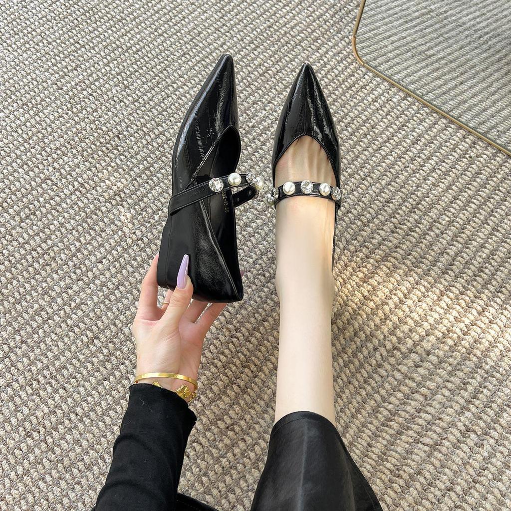 Spring & Autumn Beaded Strap Pointed Toe Mary Jane Shoes for Women