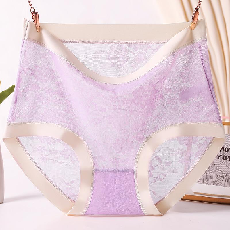 Large Size Sexy Lace Underwear for  Knickers Women High Waisted Seamless Ice Silk Breathable Transparent Triangle Panties