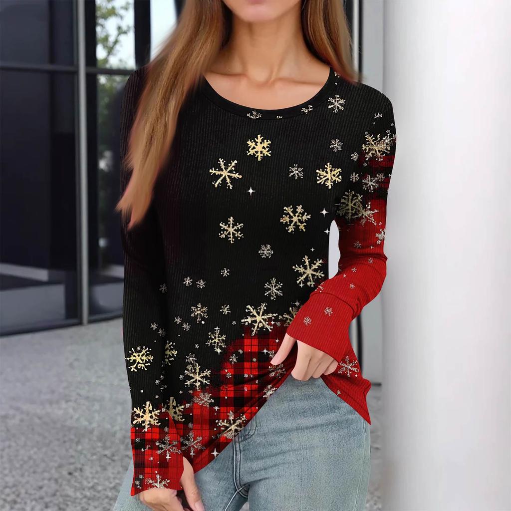 Damen Winter Slim Unterteil T-Shirt Mode Lässig Farbverlauf Druck Rundhals Pullover Langarm Oberteil