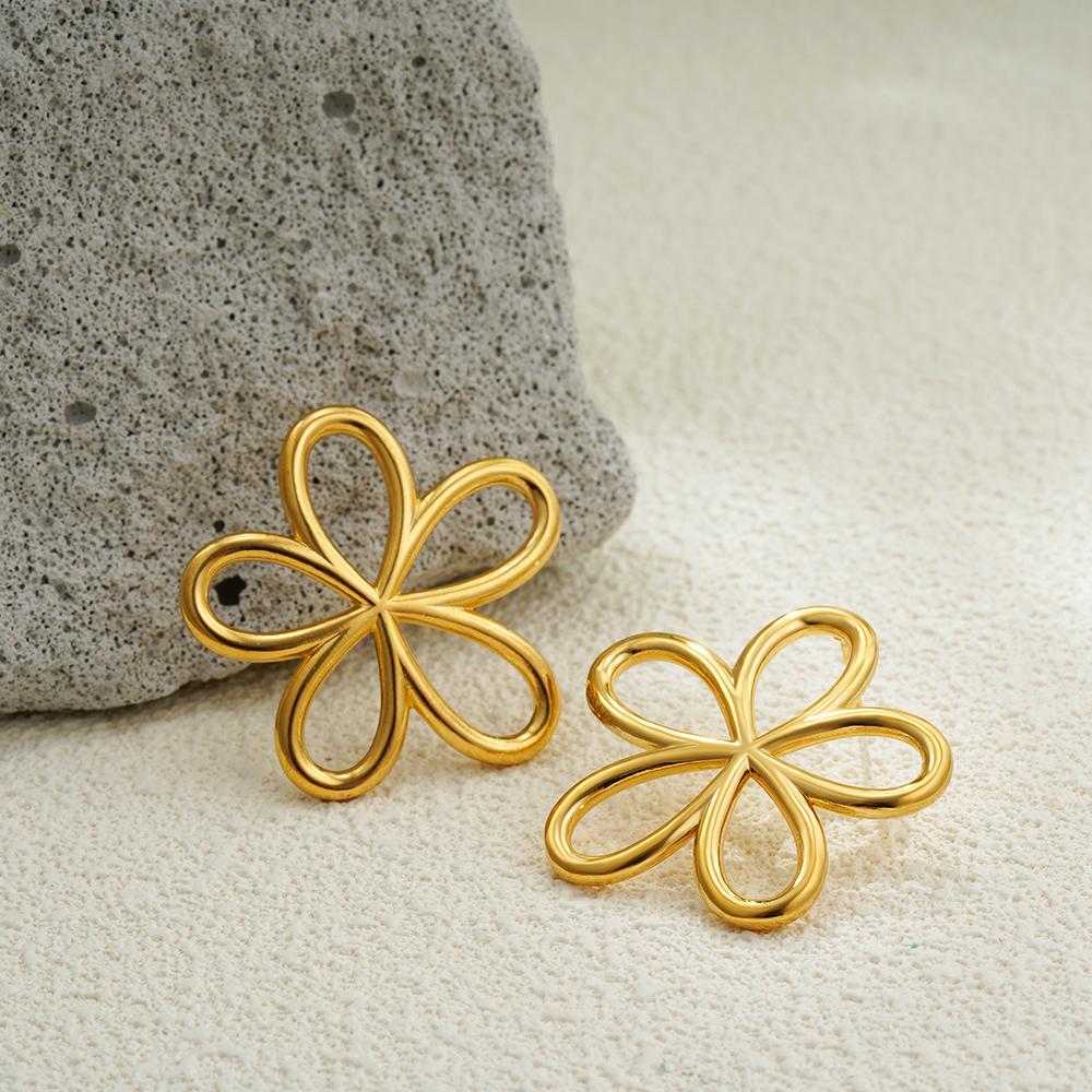 Fashion Hollow Metal Big Flower Stainless Steel Stud Earrings for Women Statement Gold Plated Earring Trendy Jewelry Party Gift