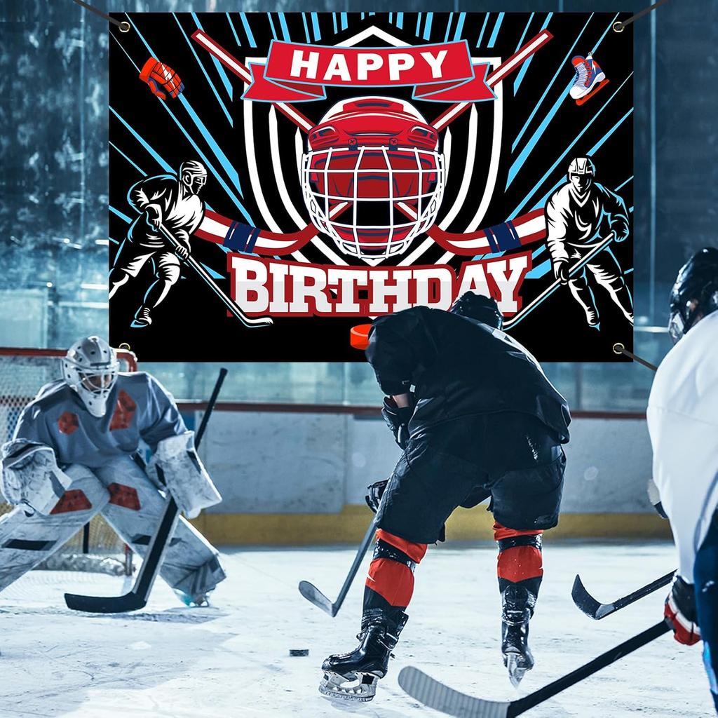 Ice Hockey Happy Birthday Backdrop Banner Ice Hockey Rink Game Sports Theme Background Decor for Player Adult Kids Boys Girls Birthday Party Favors