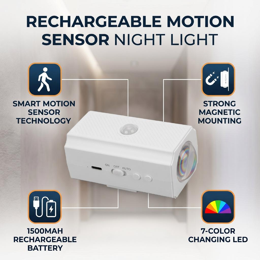 Rechargeable Motion Sensor Night Light Magnetic 7 Color Changing LED Ambient Light Battery Operated Indoor Wall Lamp