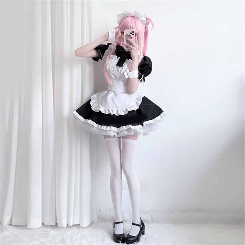 Anime Maid Costume Set Anime Maid Apron Maid Dress, Maid Headpieces, and Maid Bowtie Halloween Cosplay Costume
