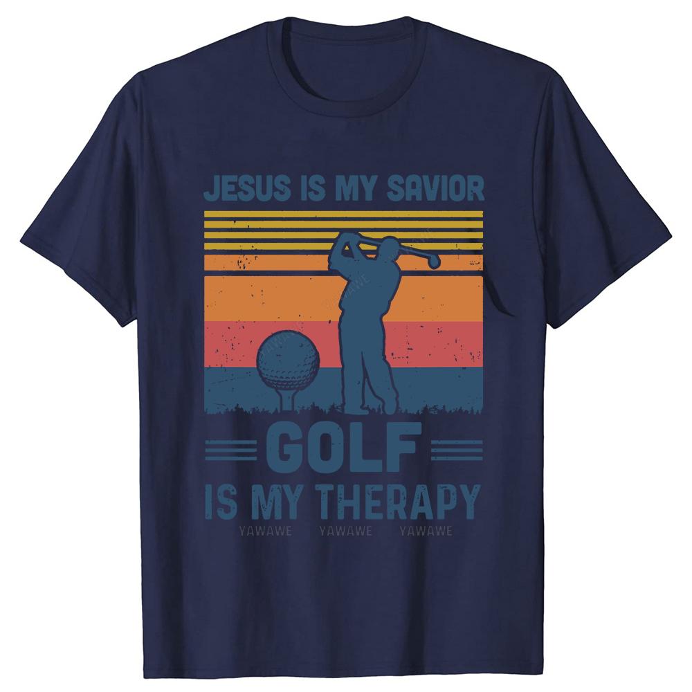 Jesus Is My Savior Golf Is My Therapy Vintage Christian T Shirts Summer Graphic Streetwear Short Sleeve Golfing Gifts Tshirt S