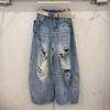 American Ruffian Handsome Ripped Jeans Men's Summer Loose Straight Trousers Trendy Nine-point Trousers Old Wide-leg Trousers