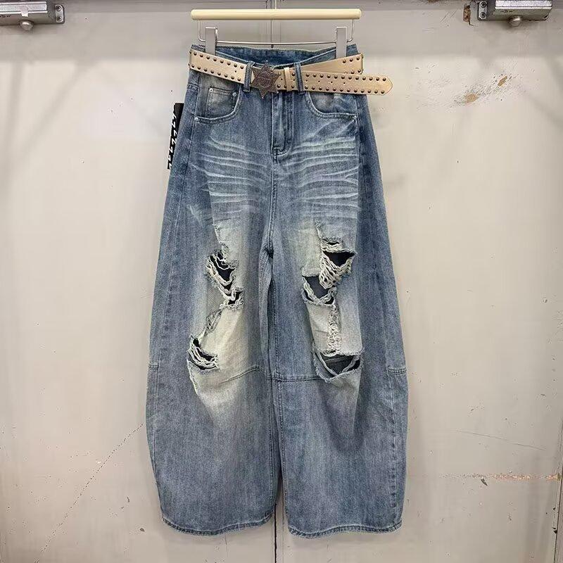 American Ruffian Handsome Ripped Jeans Men's Summer Loose Straight Trousers Trendy Nine-point Trousers Old Wide-leg Trousers