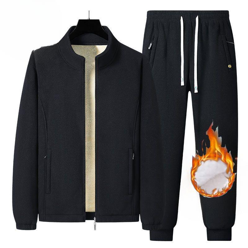 Lamb Fleece Sports Suit Men's Casual Sweater Plus Velvet Thickening Warm Winter Dad 2-piece Suit