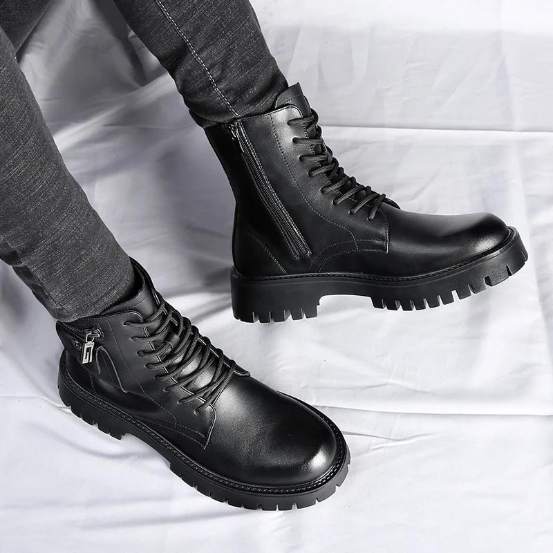 Fashion Men's English Style Thick Sole Design Men Boots Luxury High End Top Layer Leather Brand Famous Chelsea High Quality Casual Boots