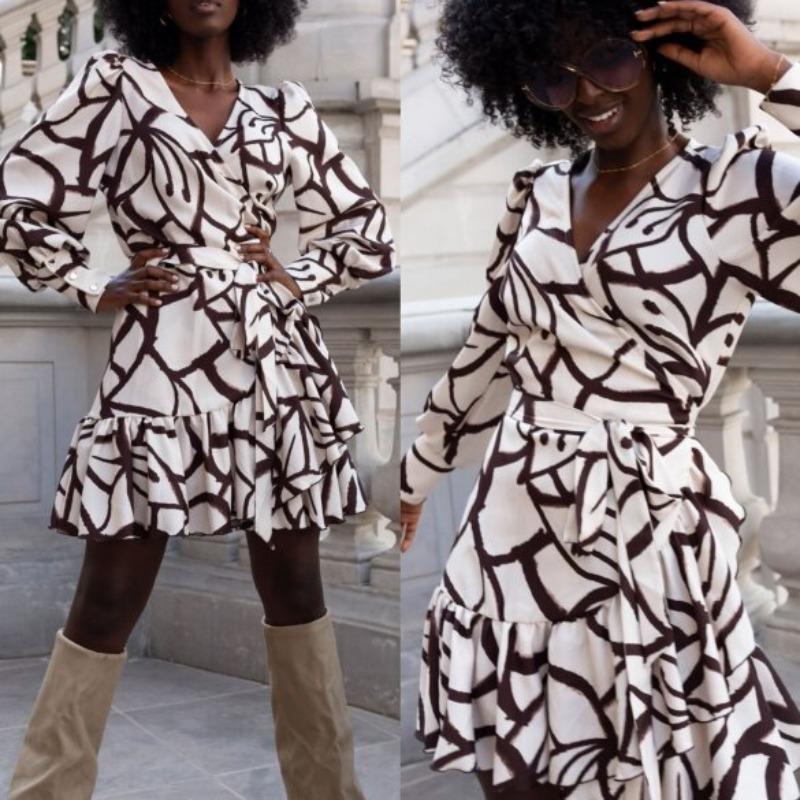 Fashion Lantern Sleeve Vintage Print Casual Dresses Women Elegant Slim Fit Ruffled Women's Dress A Line High Waist Lace-up Office Ladies Dress 26157