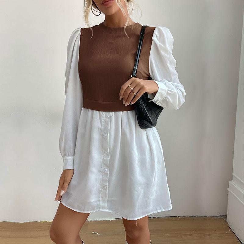 

Темперамент и элегантность верхняя одежда мода женские круглый вырез цвет-кроссинг длинный рукав сплайсинг платья для осени XL коричневый