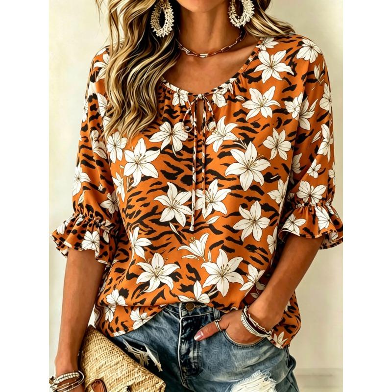 Women's Leopard Print & Orange Floral Tie Front Blouse, Casual Loose Top for Spring Summer Daily Wear