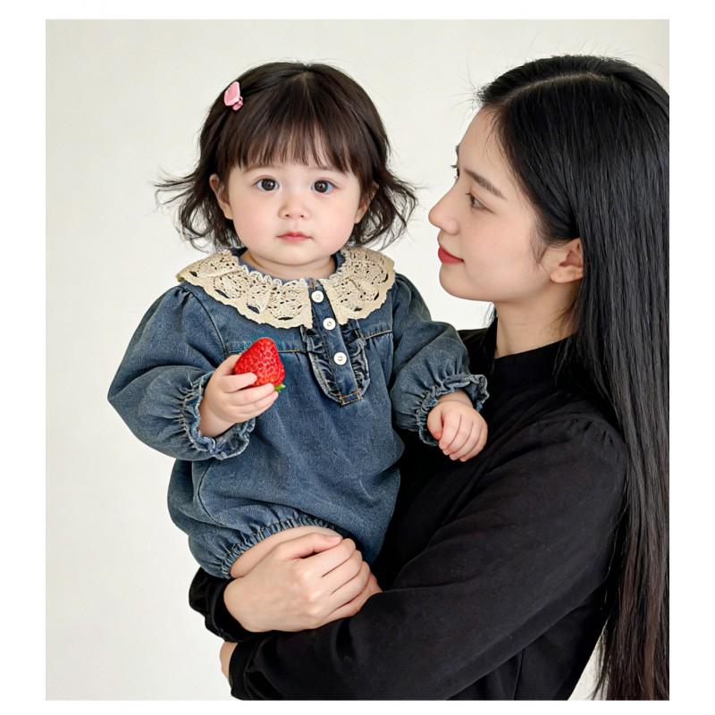 Baby Girl Romper Lace Trim Knit Denim Long Sleeve Bodysuit Toddler 6M-3T