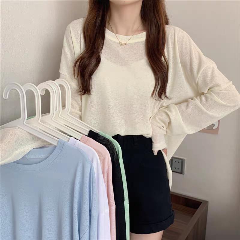 Summer Solid Long Sleeve T-shirts Women's Casual Loose Thin Slightly Transparent Sun Protection Cover Tops Tees Female