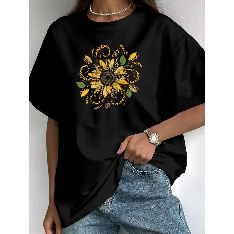 Damen-T-Shirt mit kurzen Ärmeln in europäischer Größe, mit Retro-Sonnenblumen-Design und Leopardenmuster. Sommerliches Bohemian-Oberteil, Freizeitkleidung mit Rundhalsausschnitt