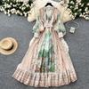 Spring Women Elegant V-neck Designer Print Runway Dress Long Maxi Lace-up Ruffles Holiday Party Dresses