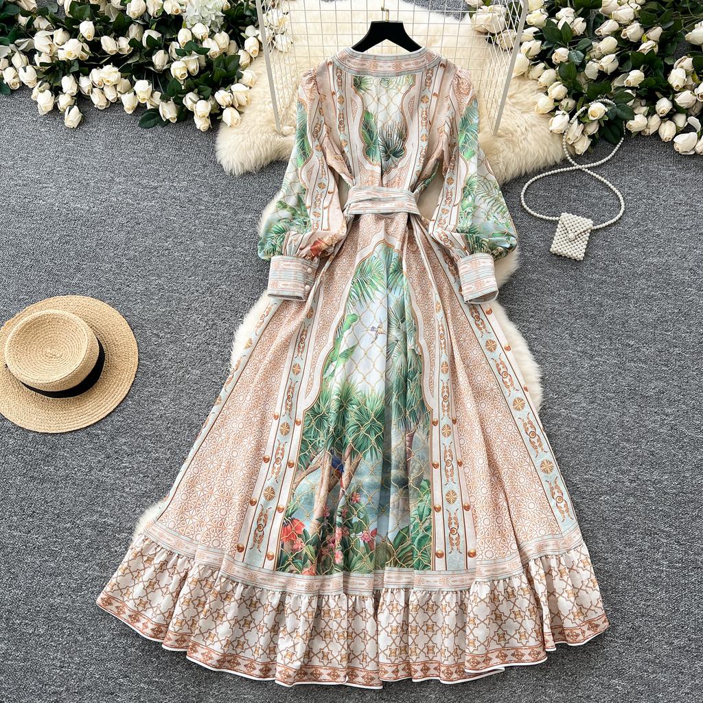 Spring Women Elegant V-neck Designer Print Runway Dress Long Maxi Lace-up Ruffles Holiday Party Dresses