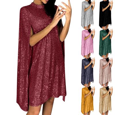 Women's Fashionable And Sexy Solid Color Stand Up Collar Cape Sleeve Sequin Party Dress
