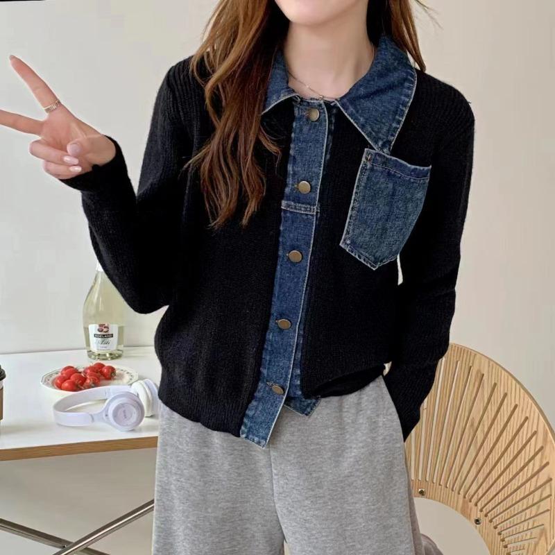New autumn and winter women's clothing denim splicing sweater lazy pocket short loose long-sleeved knitted cardigan jacket