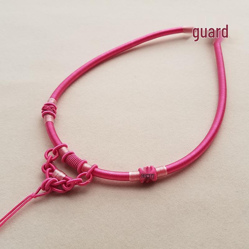 Hand-Knitted Black Rope Necklace with Jade Pendant - Unisex Fashion in Deep Pink and Gray