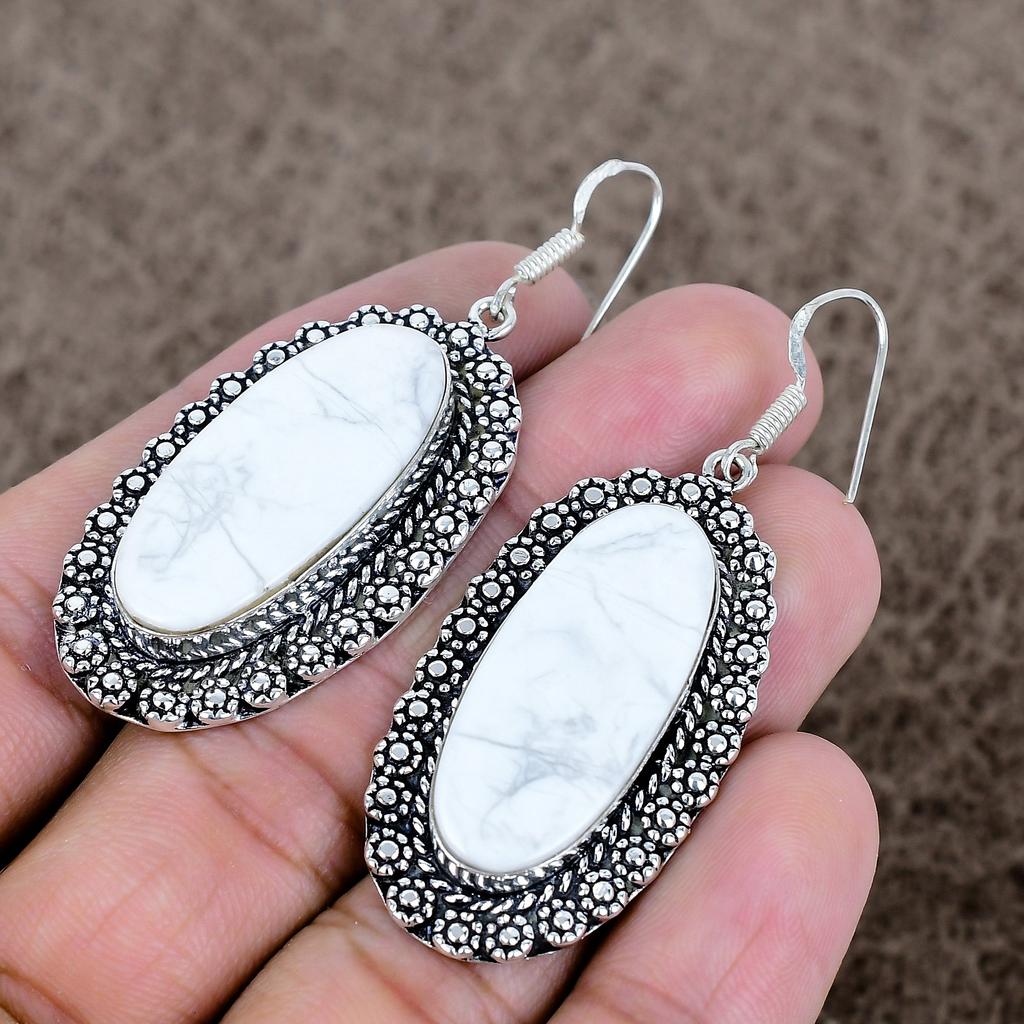 Howlite Jasper Gemstone Handmade 925 Sterling Silver Jewelry Earring 2.44" KKG-685