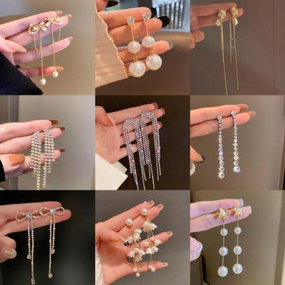 Korean Pearl & Diamond Fairy Long Earrings - Elegant & Versatile Celebrity Style