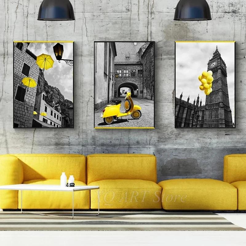 Nordic City Scenery Canvas Painting Yellow Wall Art Poster For Living Room Photograph European Landscape Picture Home Decor