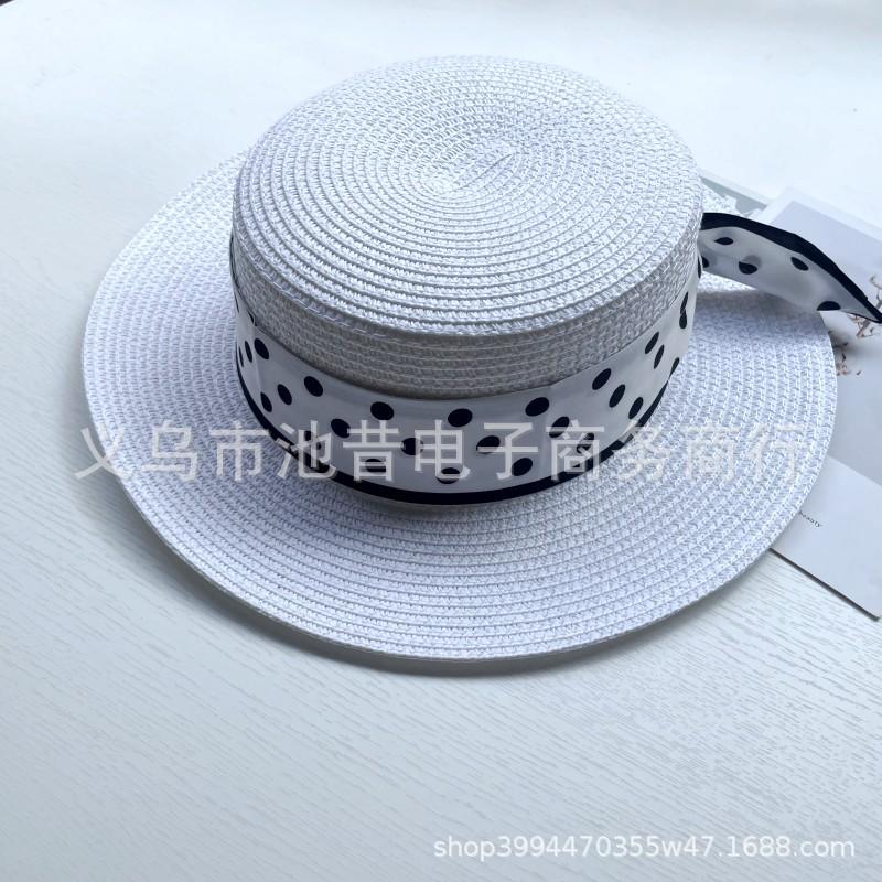 Flat top straw hat women's summer fashion polka dot wide edge top hat versatile sun hat beach sun hat