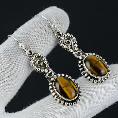 Tiger's Eye Earring, 925 Sterling Silver Earring, Handmade Earring, Oval Tiger's Eye Gemstone Earring, Gift for Mother, Gemstone Earring