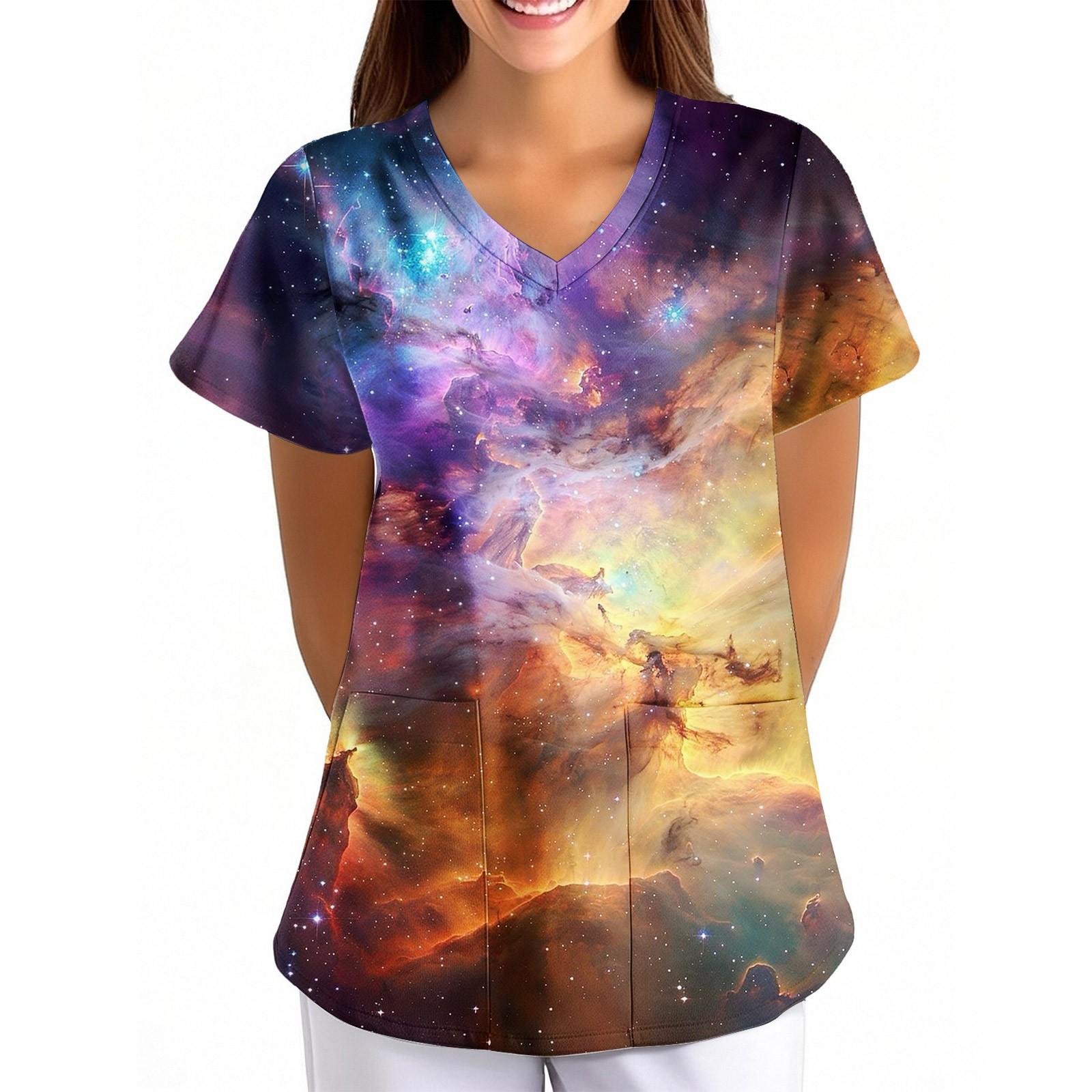 

Женская Свободная Униформа с V-образным вырезом, карманом и короткими рукавами, с принтом «Небо» XXXL