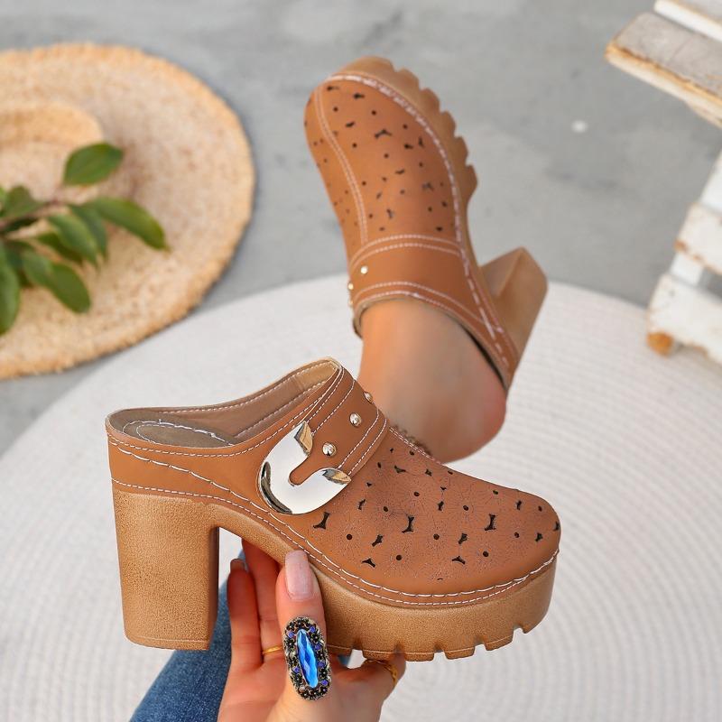 Non-tiring Feet Nude Super High Heels Women's Versatile Temperament Thick Heel Platform Rivet Fashion Baotou Sandals