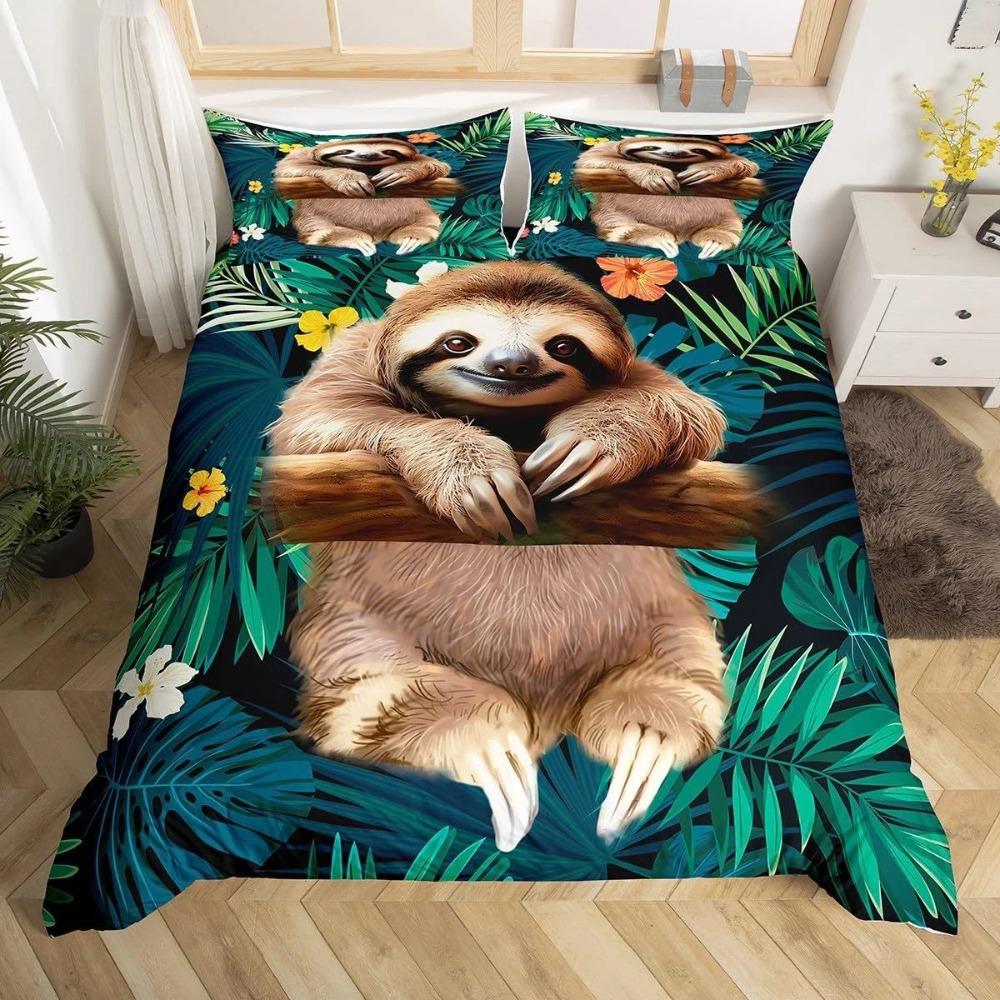 Tropical Sloth & Palm Leaves Bedding Set – Realistic Animal Duvet Cover Set, Perfect Gift for Wildlife Fans, Fits Twin/Full/Queen/King Size Beds