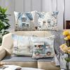 Blue Floral Patterned Cushion Covers With Cottage Scenes Polyester pillowcase, sofa decorative cushion cov Headboard Pillow