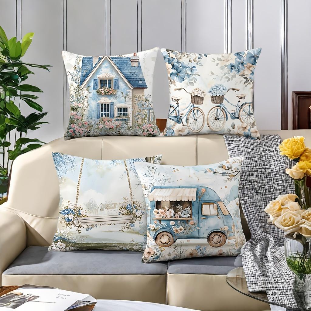 Blue Floral Patterned Cushion Covers With Cottage Scenes Polyester pillowcase, sofa decorative cushion cov Headboard Pillow