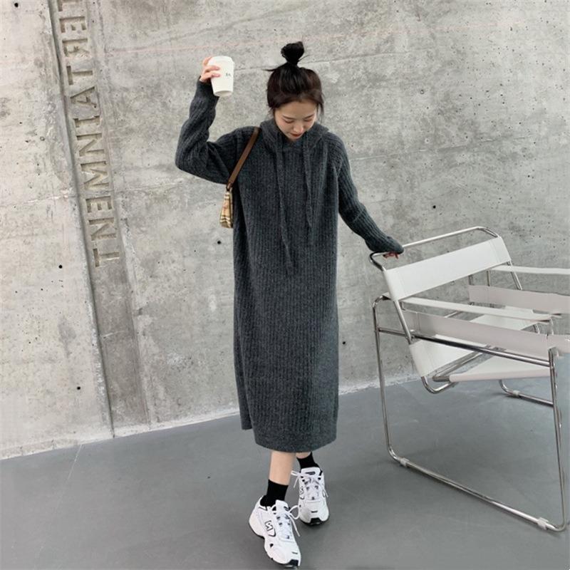 Hooded sweater dress women's autumn and winter new loose and thin medium and long knee thick knitted skirt large size top