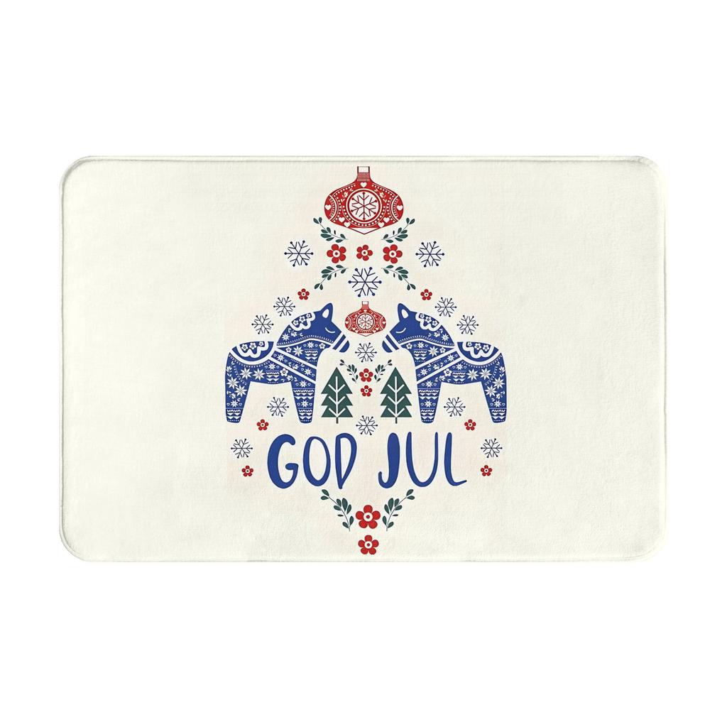 “GOD JUL” Dala Horse Bath Mat – Swedish Christmas Design, Blue/Red Folk Art on Cream, Non-Slip, Machine Washable