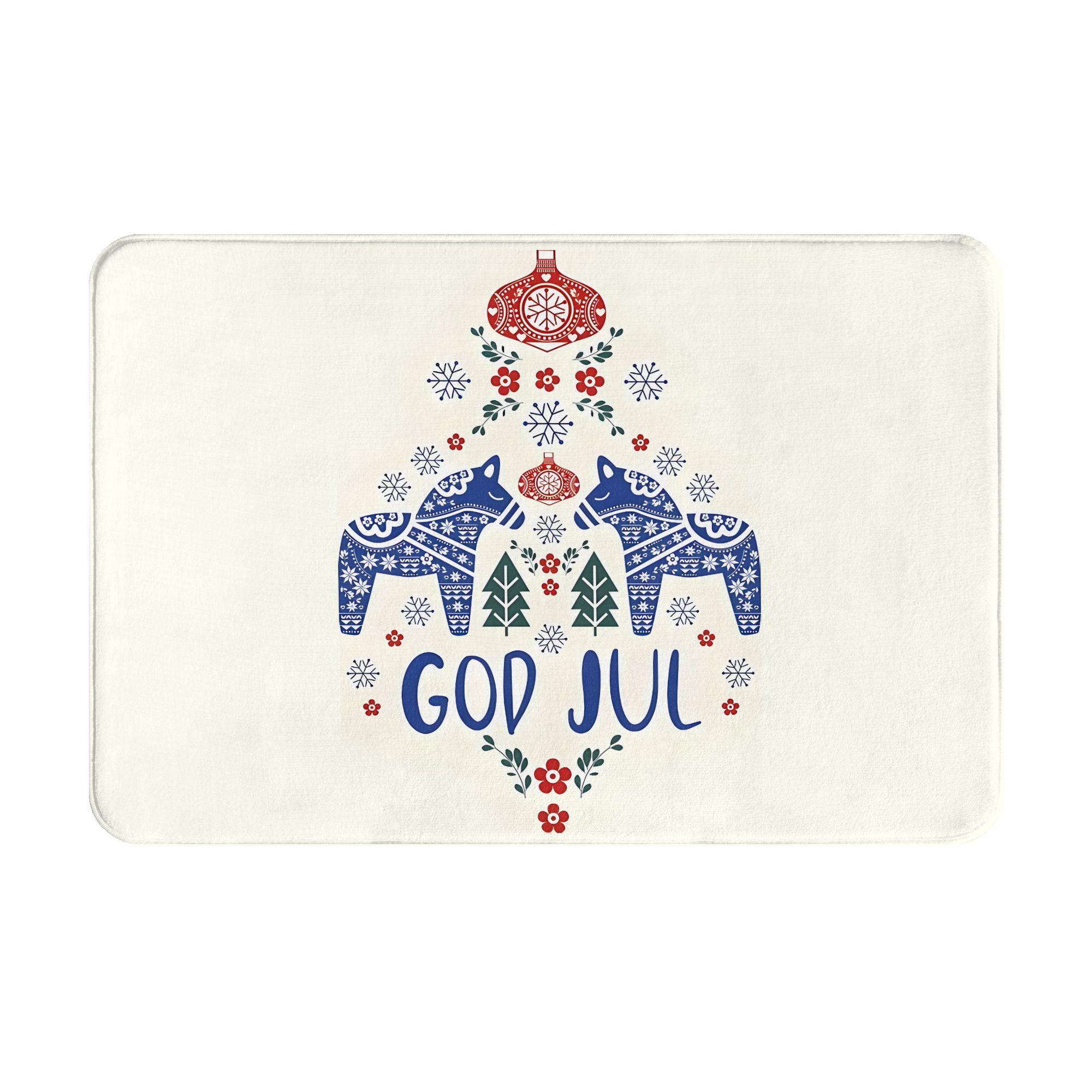 “GOD JUL” Dala Horse Bath Mat – Swedish Christmas Design, Blue/Red Folk Art on Cream, Non-Slip, Machine Washable 40cm x 60cm