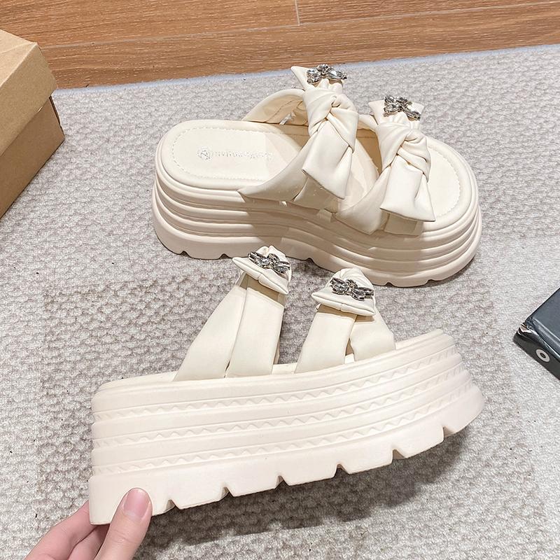 Fashion Women High Platform Butterfly-knot Slippers New 2025 Summer Beach Ladies 8.5CM Wedge Heels Shoes Woman Outside Chunky Sandals