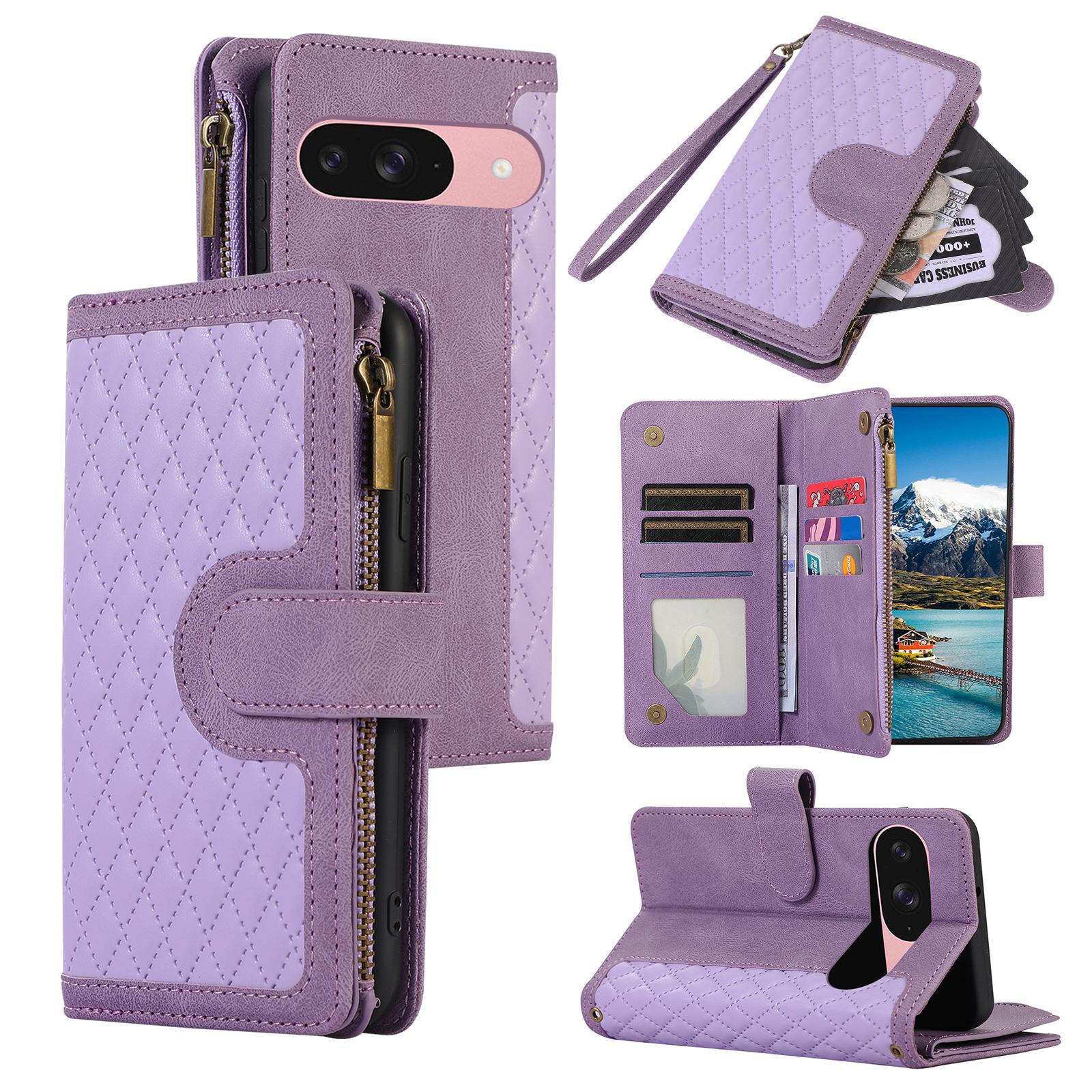 

Чехол для Google Pixel 9/9 Pro с 9 отделениями для карт, ромбовидным дизайном, кожаный чехол для телефона с ремешком на запястье Purple