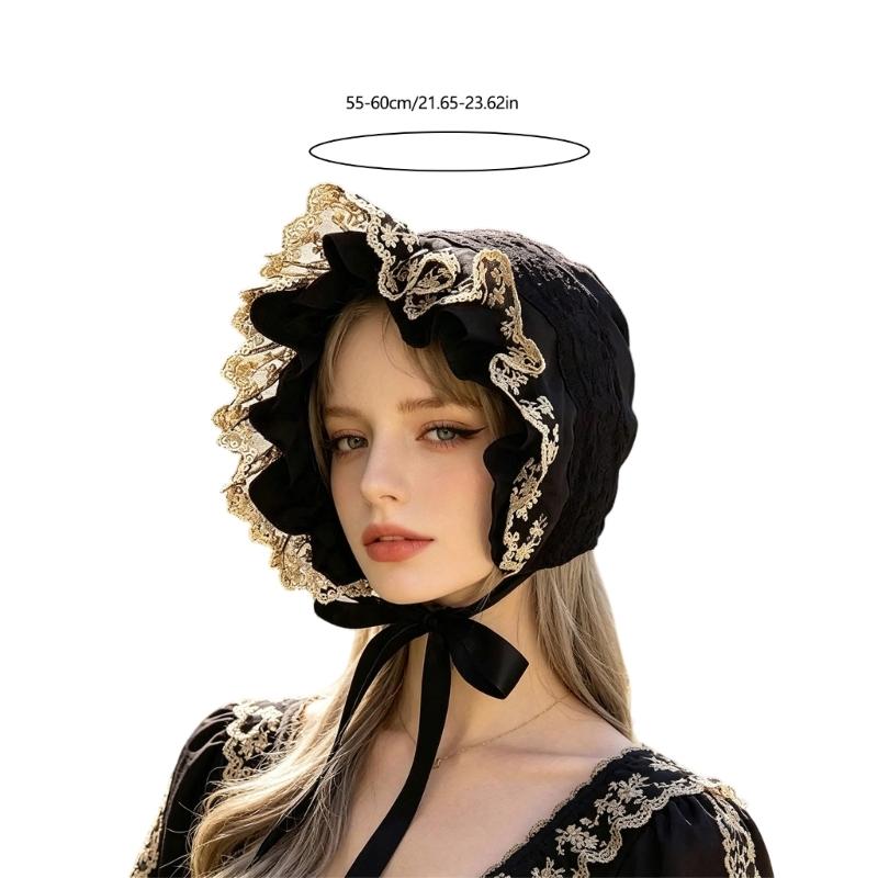 Ruffled Brim Bonnet Hat with Lace Edge and Chin Ties, 55-60 Cm Decorative Headwear for Gatherings and Portraits