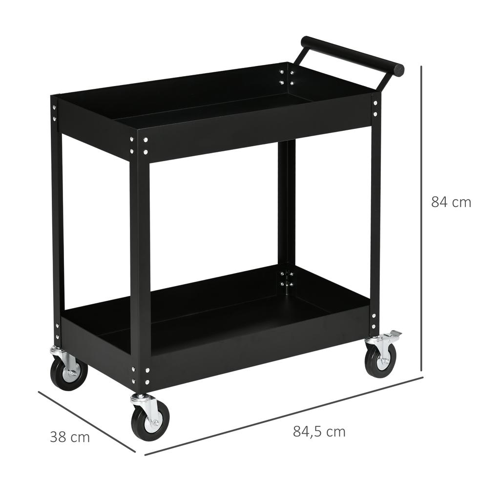 Workshop Trolley, 2 Tiers, Hand Cart, 4 Wheels, Steel, up to 150 kg, 84.5 x 38 x 84 cm, Black