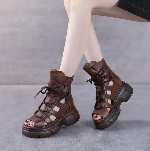 Fashion 6.5CM Retro Genuine Leather Open Toe Sandals Women Summer Platform Increasing Hollow Back Zipper High Top Casual Sandals Black