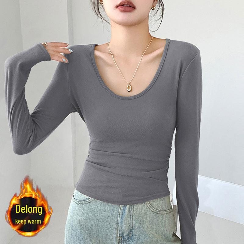 Women's Slim Fit U-Neck Ruched Long Sleeve Top - Autumn/Winter Style