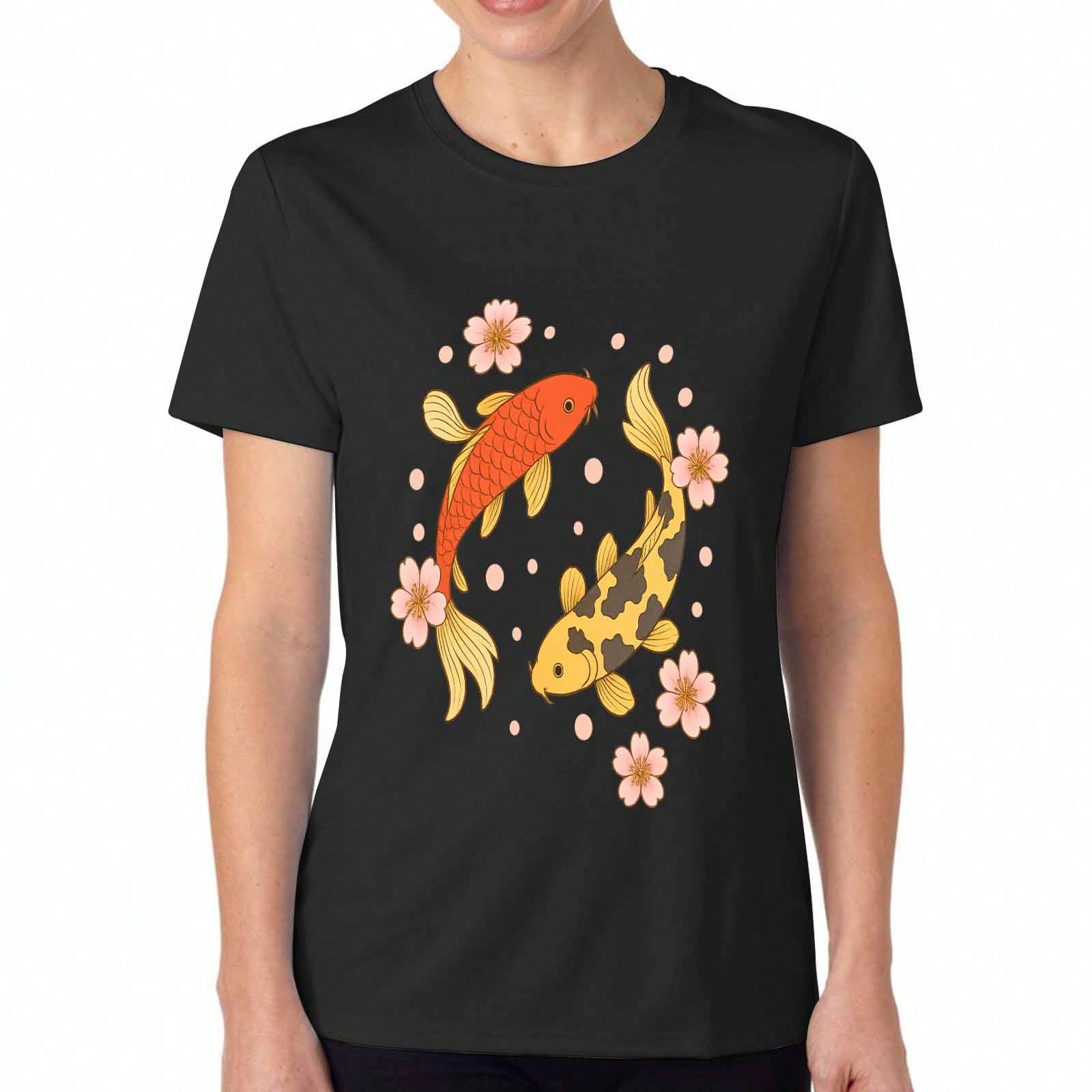 Koi Fish Womens Cotton T Shirt, Pure Cotton Premium Print,Durable And Longlasting,Casual Fashion,Golden Fish,Swimming Fish,Lucky Fish,Cherry Blossoms, S разноцветный