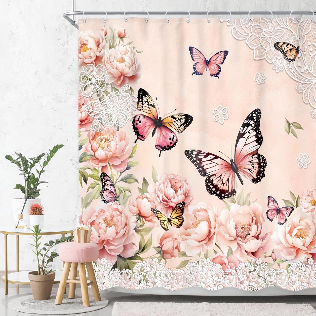 Floral Shower Curtains for Bathroom, Spring Flower Butterfly Bathroom Decor with Hooks, Washable Polyester Fabric Shower Curtain